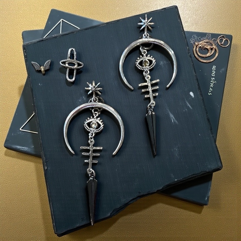 Silver and Black Toned Crescent Lucky Eye Earrings